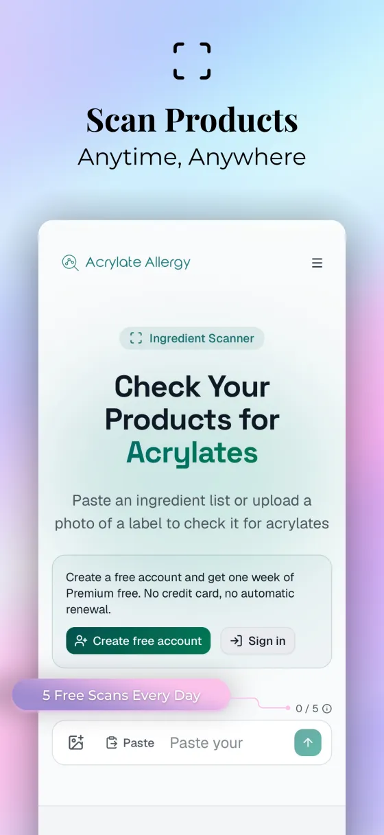 Scan products anytime, anywhere: the ingredient scanner ready for a pasted list or a photo of a label.