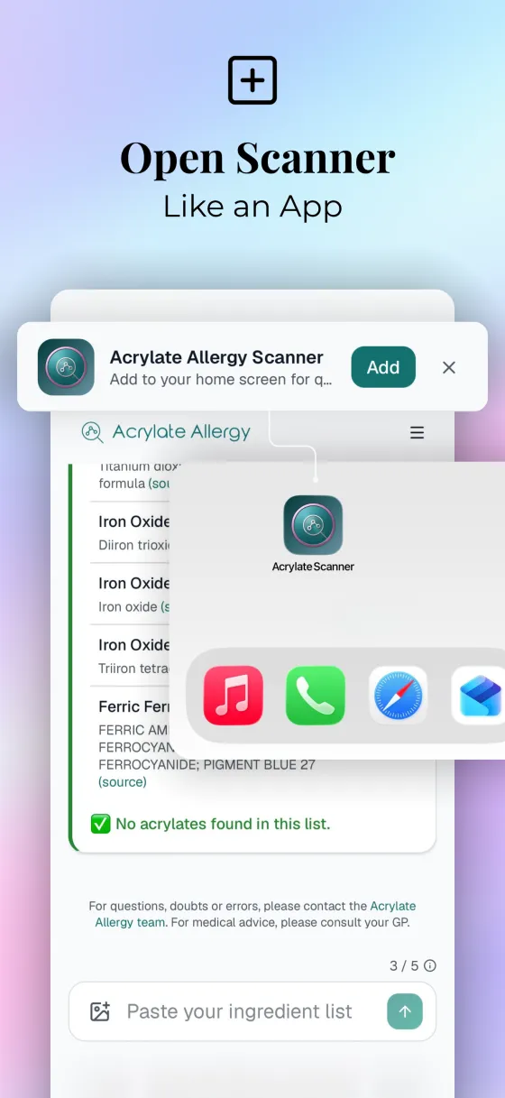 Open the scanner like an app: the add-to-home-screen prompt placing it beside the phone's other apps.