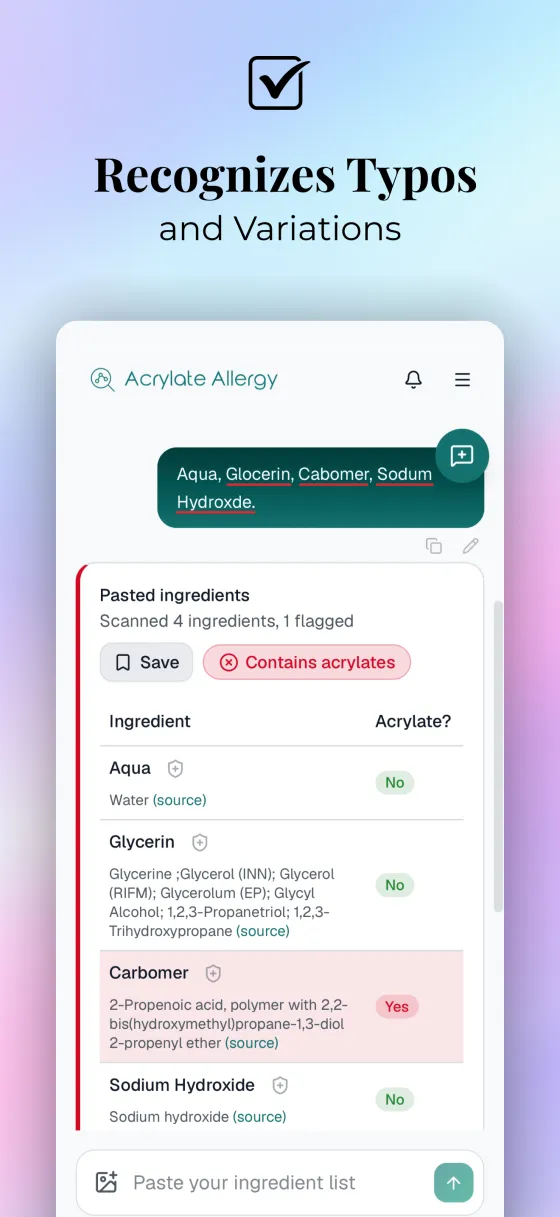 Recognizes typos and variations: a misspelled ingredient list still resolved to a per-ingredient result.