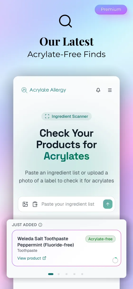 Our latest acrylate-free finds: a Just Added feed showing a newly listed toothpaste.