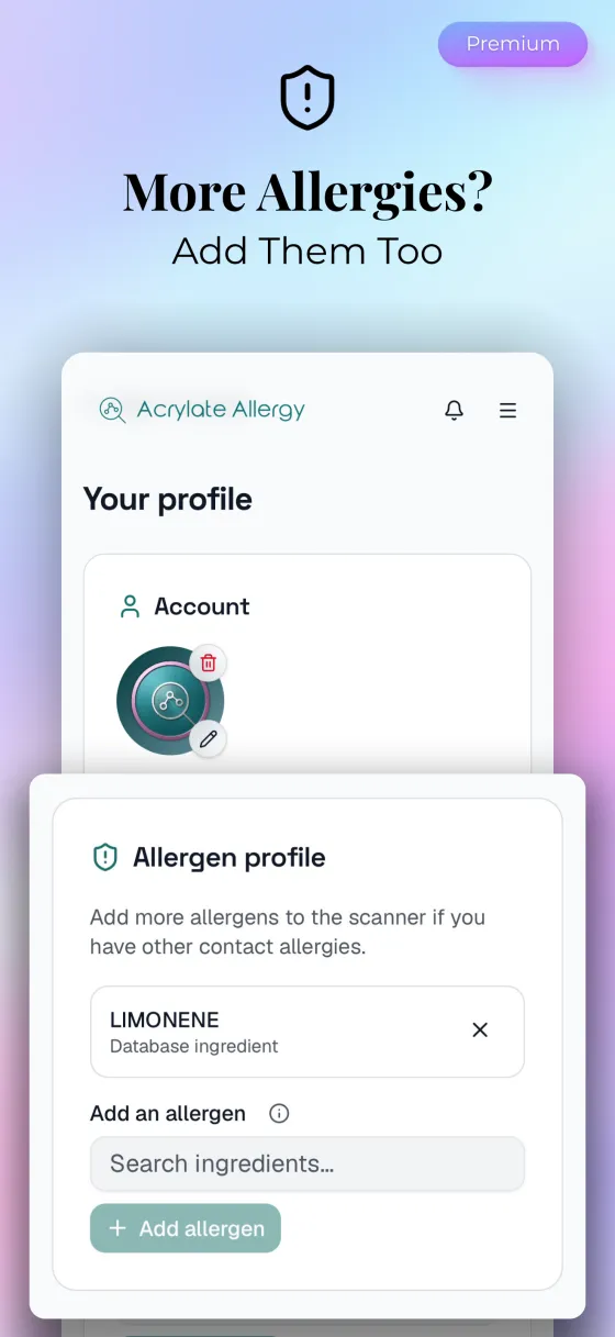 More allergies? Add them too: an allergen profile with limonene added alongside acrylates.