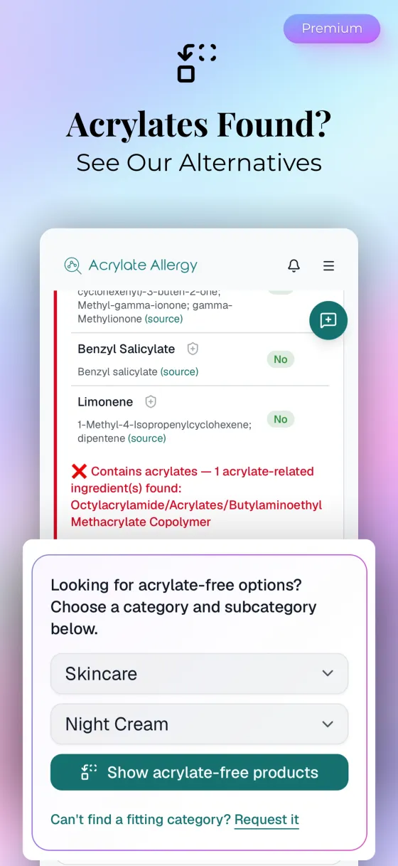 Acrylates found? See our alternatives: a scan result with a category picker for acrylate-free products.