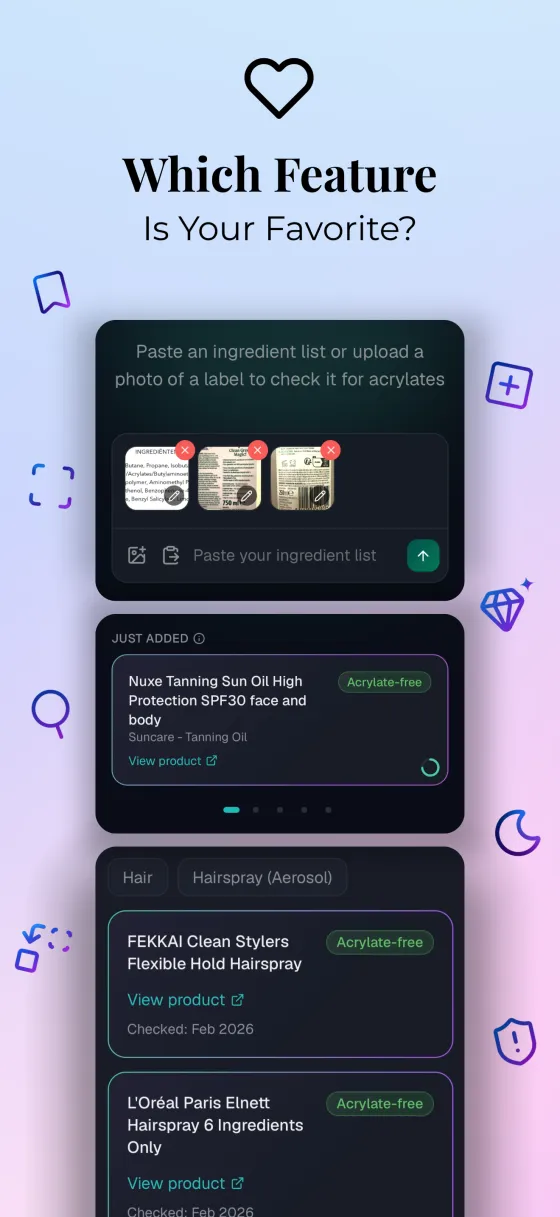 Which feature is your favorite? A collage of scanner screens: a multi-photo upload, the Just Added feed, and a list of checked hairsprays.